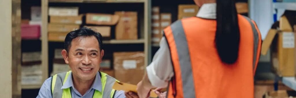 Warehouse worker smiling and interacting with a colleague in a busy workplace.